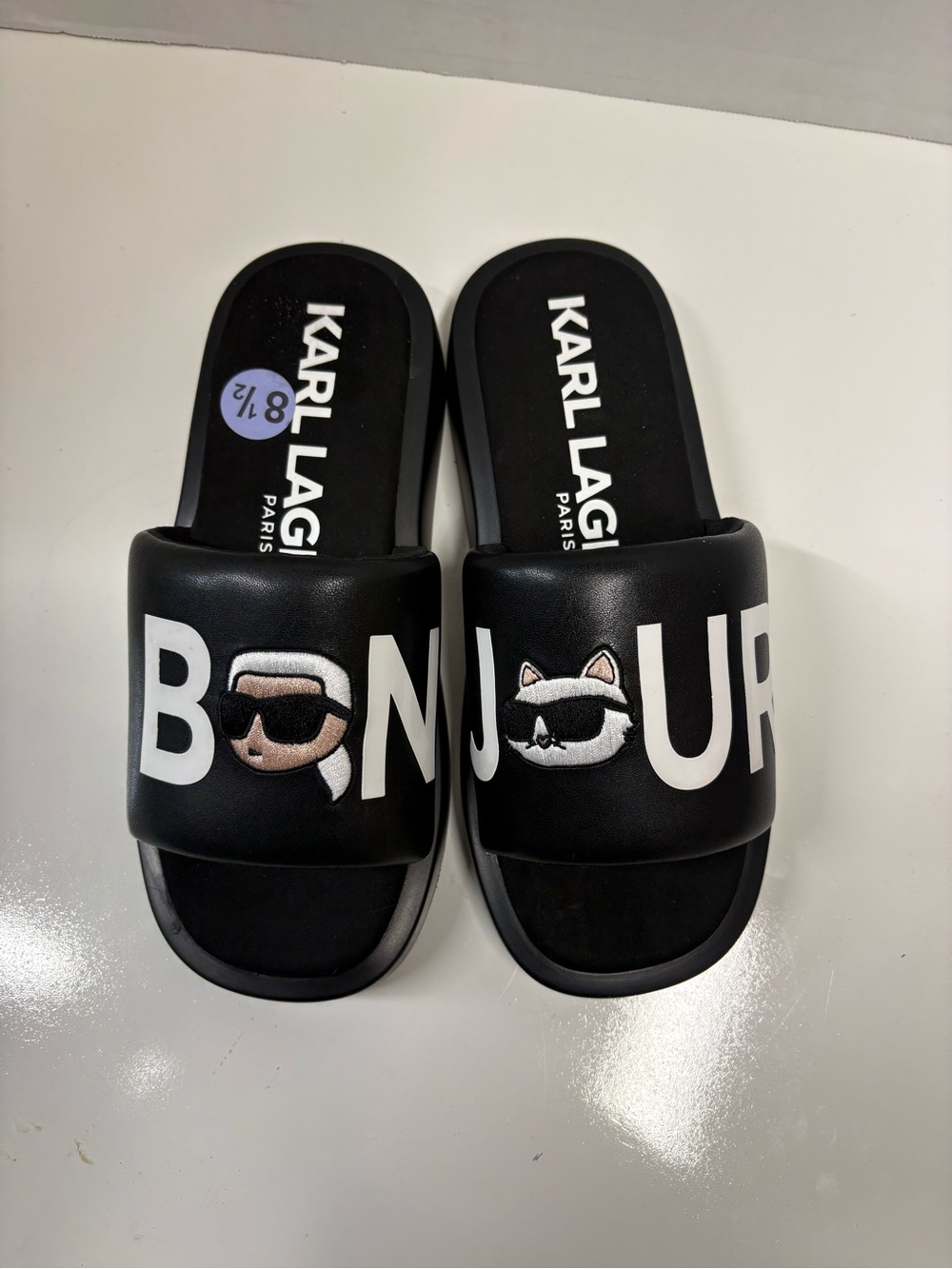 Karl Lagerfeld Black Slide Sandals with 'BONJOUR' Embroidered Characters
